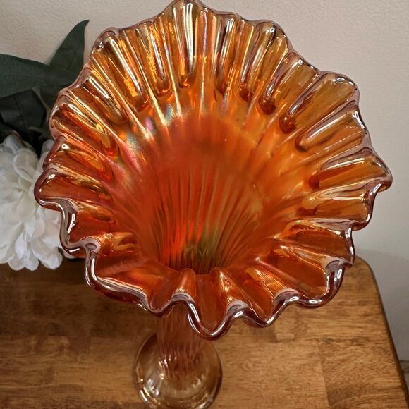 Fenton Rustic Marigold Carnival Glass Vase Candy Ribbon Edge Large Vintage - Picture 3 of 5
